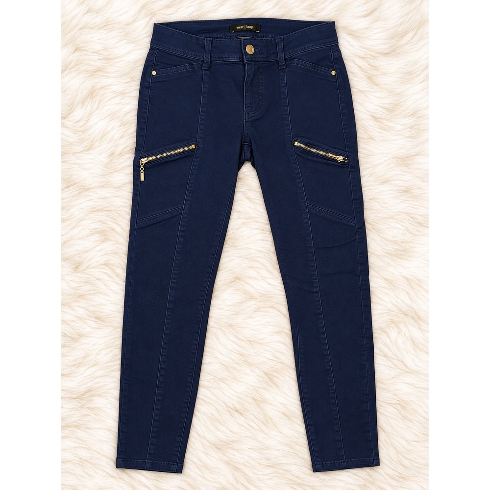 White House Black Market Skinny Crop Pants Navy Blue Gold Zip Size 0
